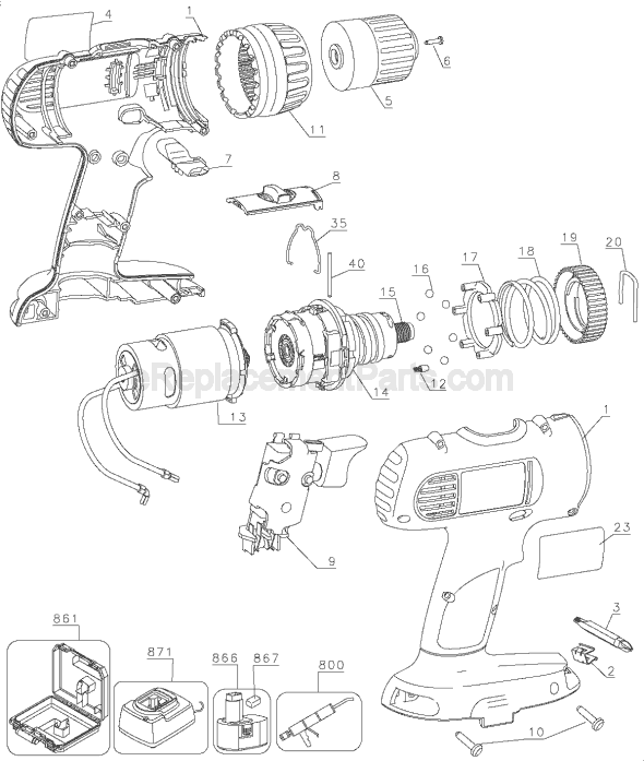 Page A Diagram and Parts List for DC728 Type 1 DeWALT Cordless Drill