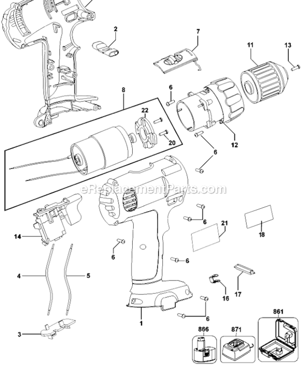 Page A Diagram and Parts List for DC750KA Type 1 DeWALT Cordless Drill