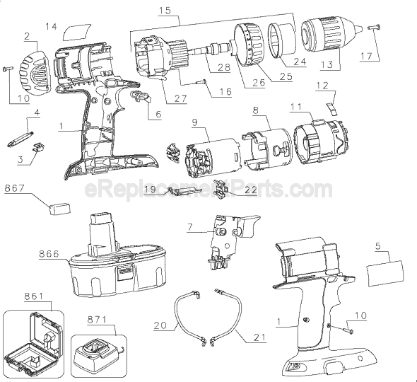 Page A Diagram and Parts List for DC980 Type 1 DeWALT Cordless Drill