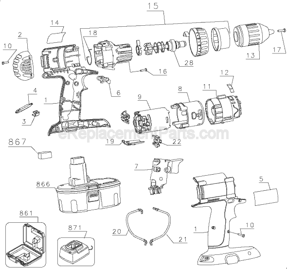 Page A Diagram and Parts List for DC984V Type 1 DeWALT Hammer Drill