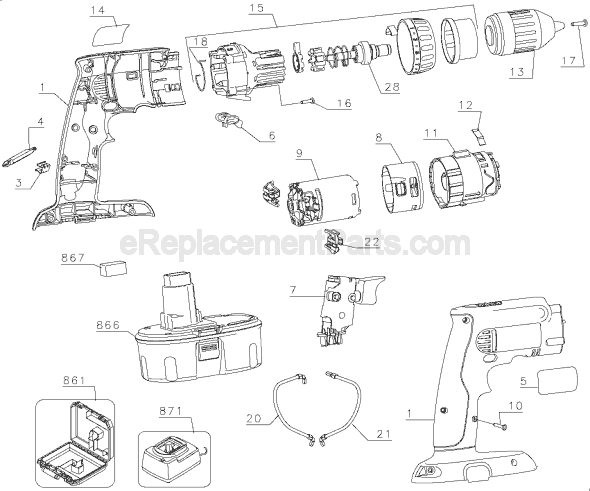 Page A Diagram and Parts List for DC985 Type 1 DeWALT Hammer Drill