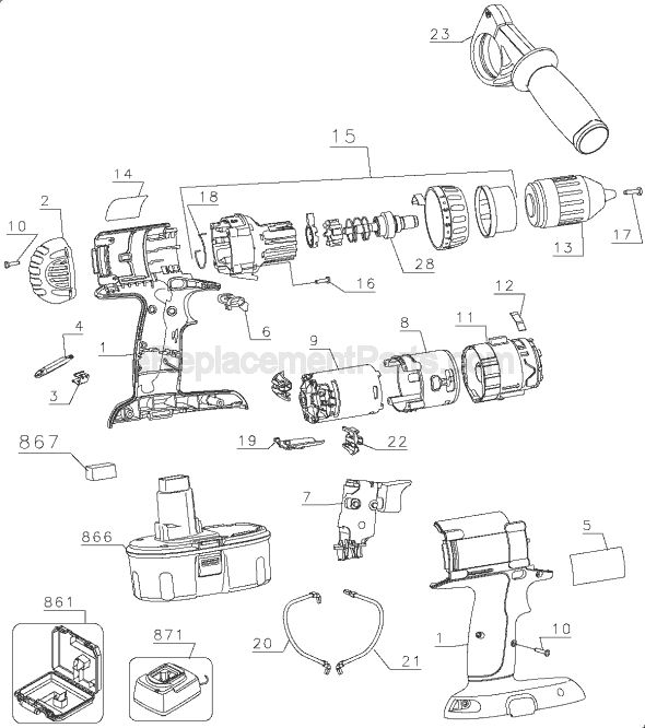 Page A Diagram and Parts List for DC988V Type 1 DeWALT Hammer Drill