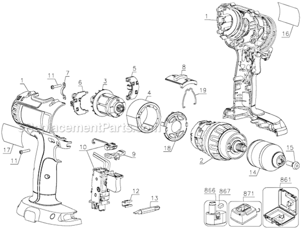 Page A Diagram and Parts List for DCD760B Type 1 DeWALT Cordless Drill