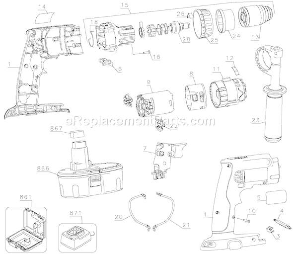 Page A Diagram and Parts List for DCD959 Type 1 DeWALT Hammer Drill