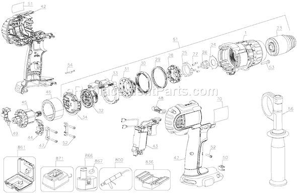 Page A Diagram and Parts List for DCD970 Type 1 DeWALT Hammer Drill