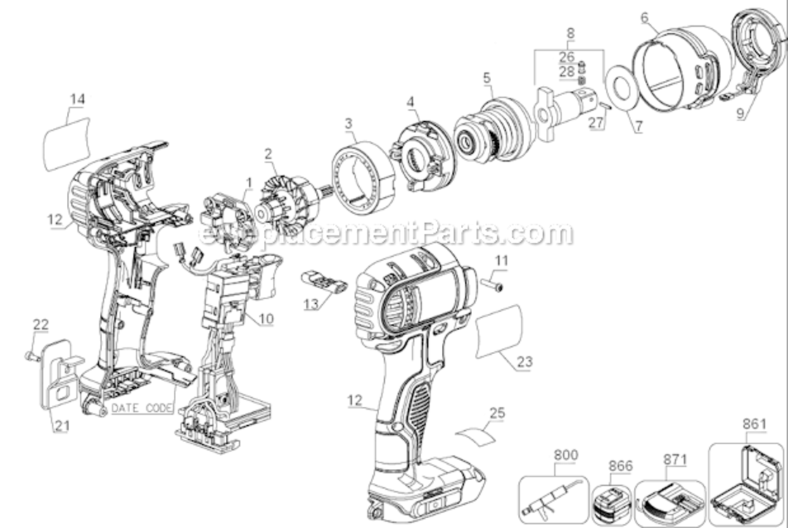 Page A Diagram and Parts List for DCF880L2 Type 1 DeWALT Impact Driver