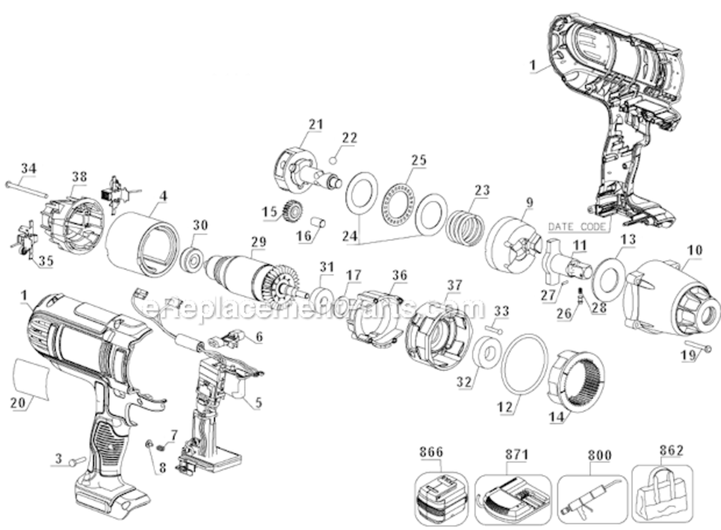 Page A Diagram and Parts List for DCF889B Type 1 DeWALT Impact Driver