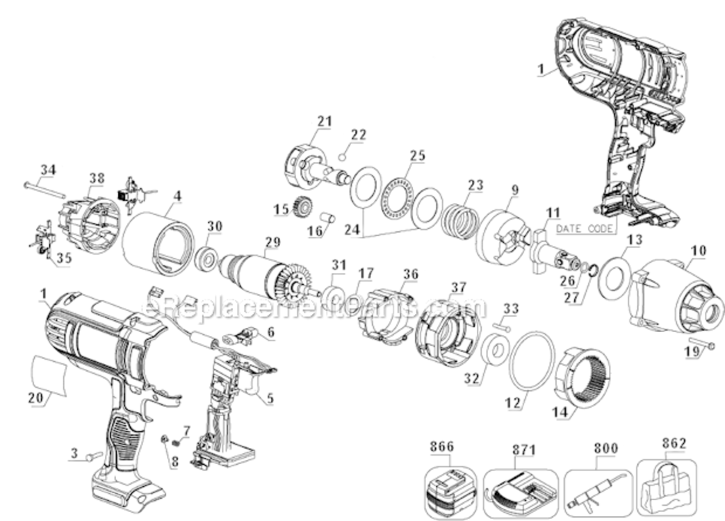 Page A Diagram and Parts List for DCF889HL2 Type 1 DeWALT Impact Driver
