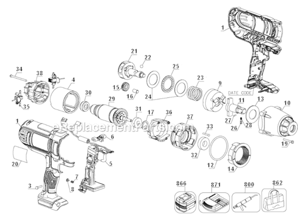 Page A Diagram and Parts List for DCF889L2 Type 1 DeWALT Impact Driver