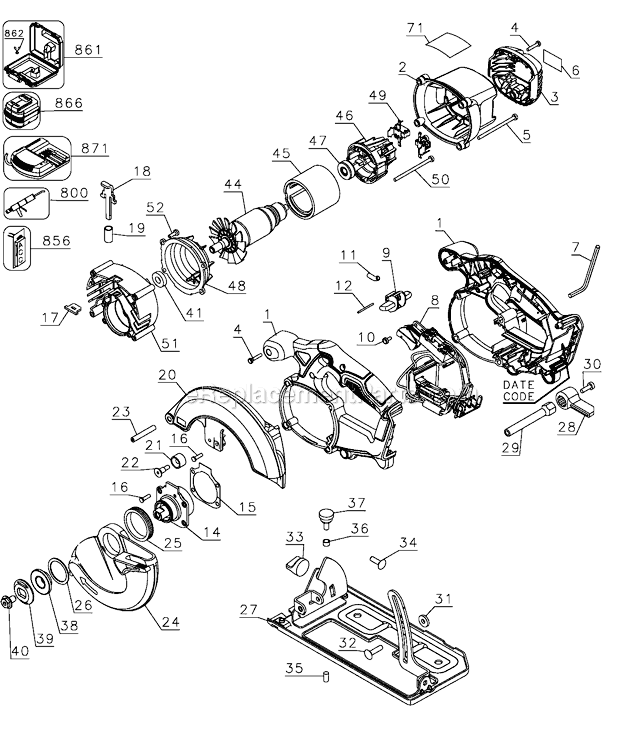 General Assembly Diagram and Parts List for DCS393 Type 1 DeWALT Circular Saw