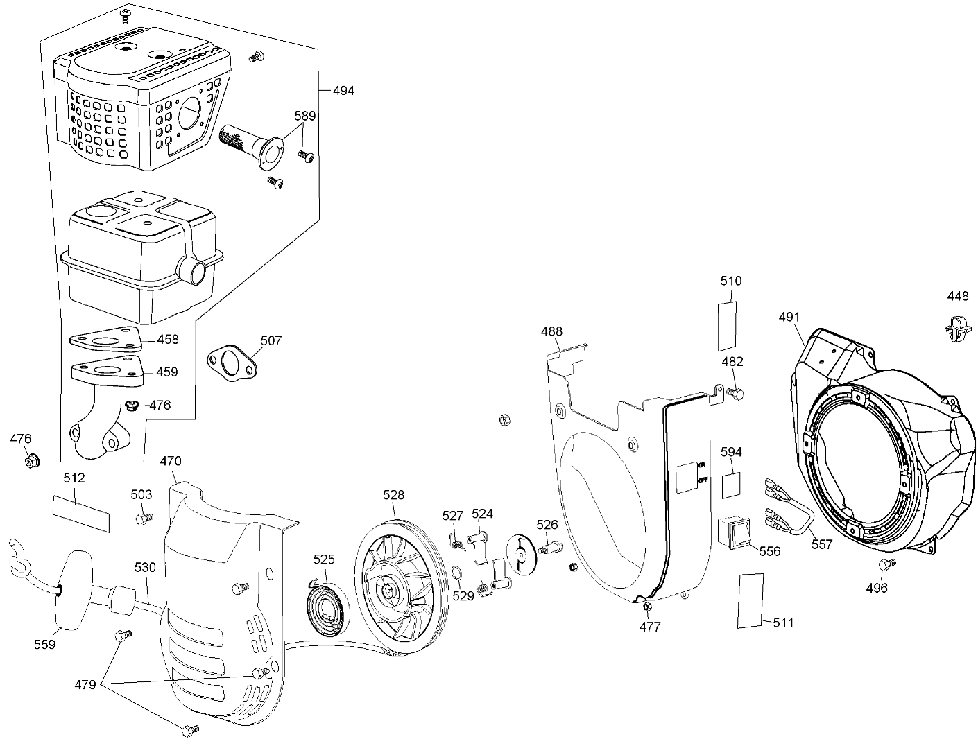 Muffler & Recoil Starter Diagram and Parts List for DPE3800X Type 1 DeWALT Pressure Washer