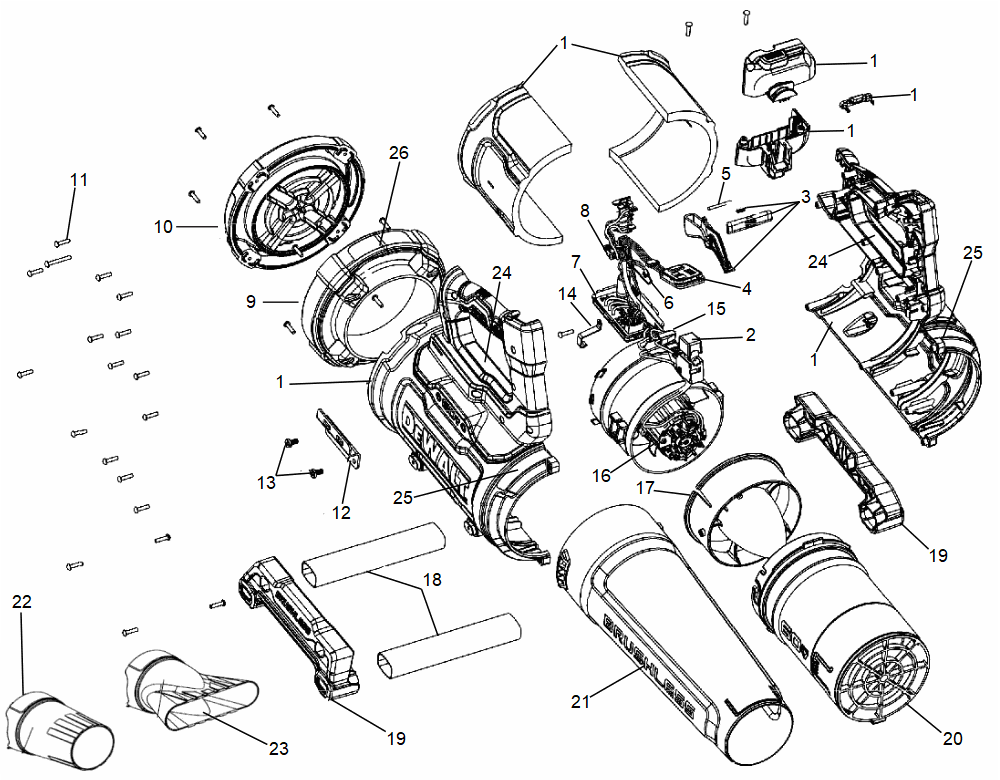 Section 1 Diagram and Parts List for DCBL777B Type 1 DeWALT Leaf Blower / Vacuum
