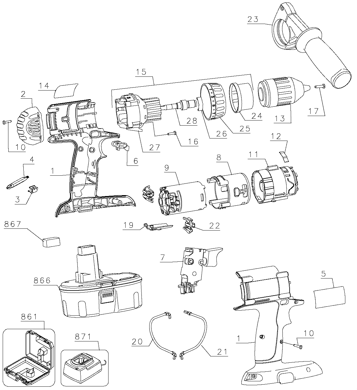 Default Diagram and Parts List for DC987KA Type 1 DeWALT Boring Machine