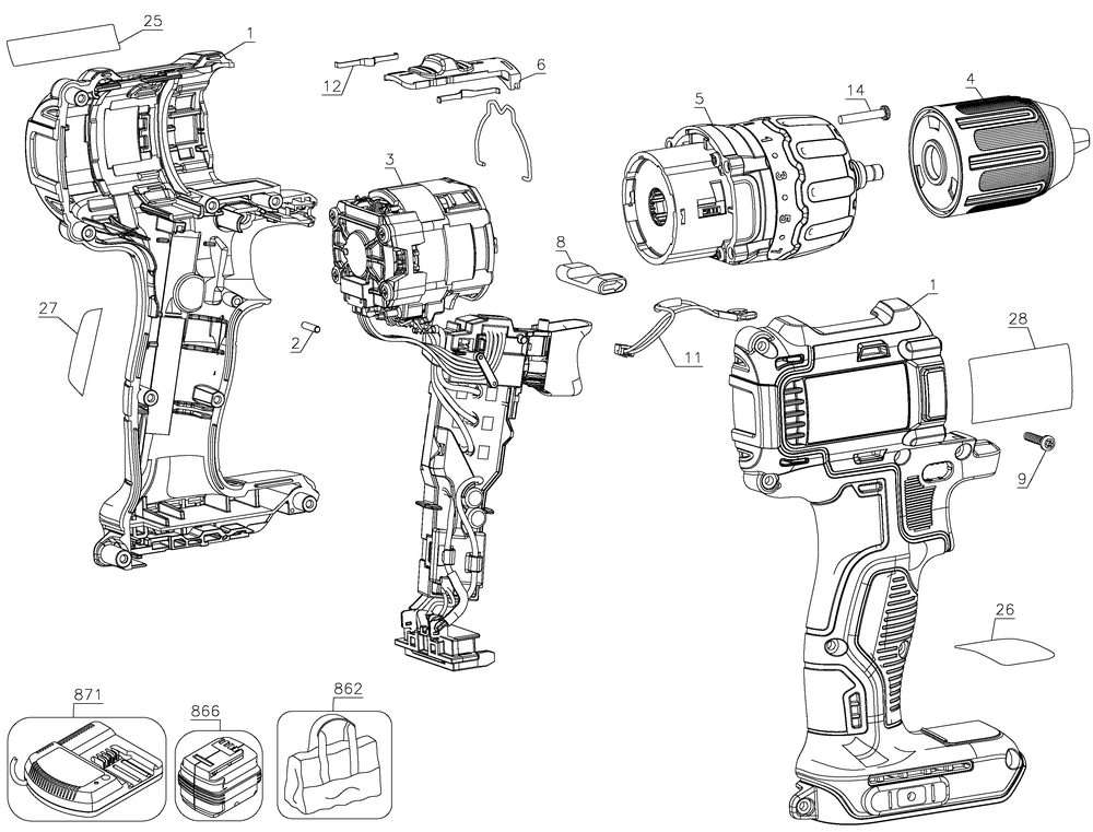 Exploded Diagram A Diagram and Parts List for DCD777C2 Type 10 DeWALT Cordless Drill