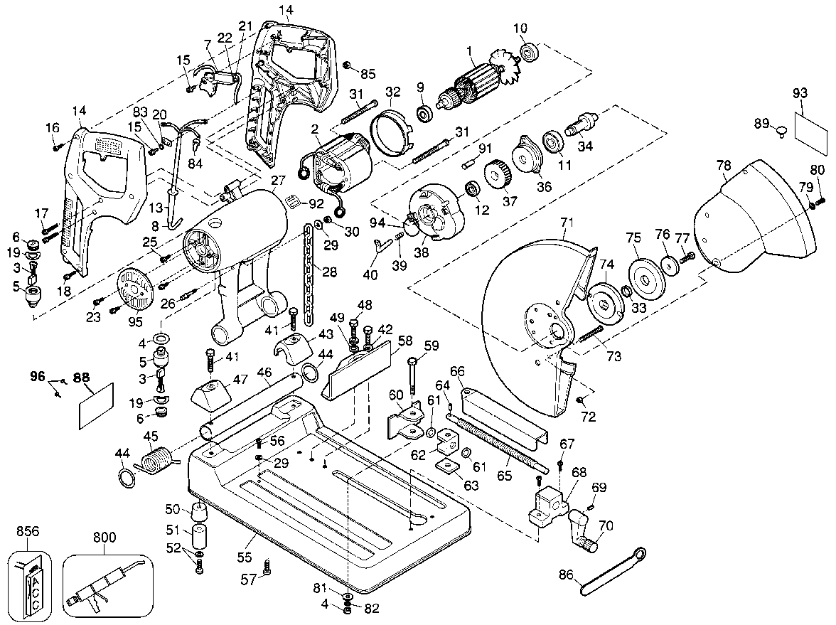 Default Diagram and Parts List for DW870-35 Type 1 DeWALT Chop Saw