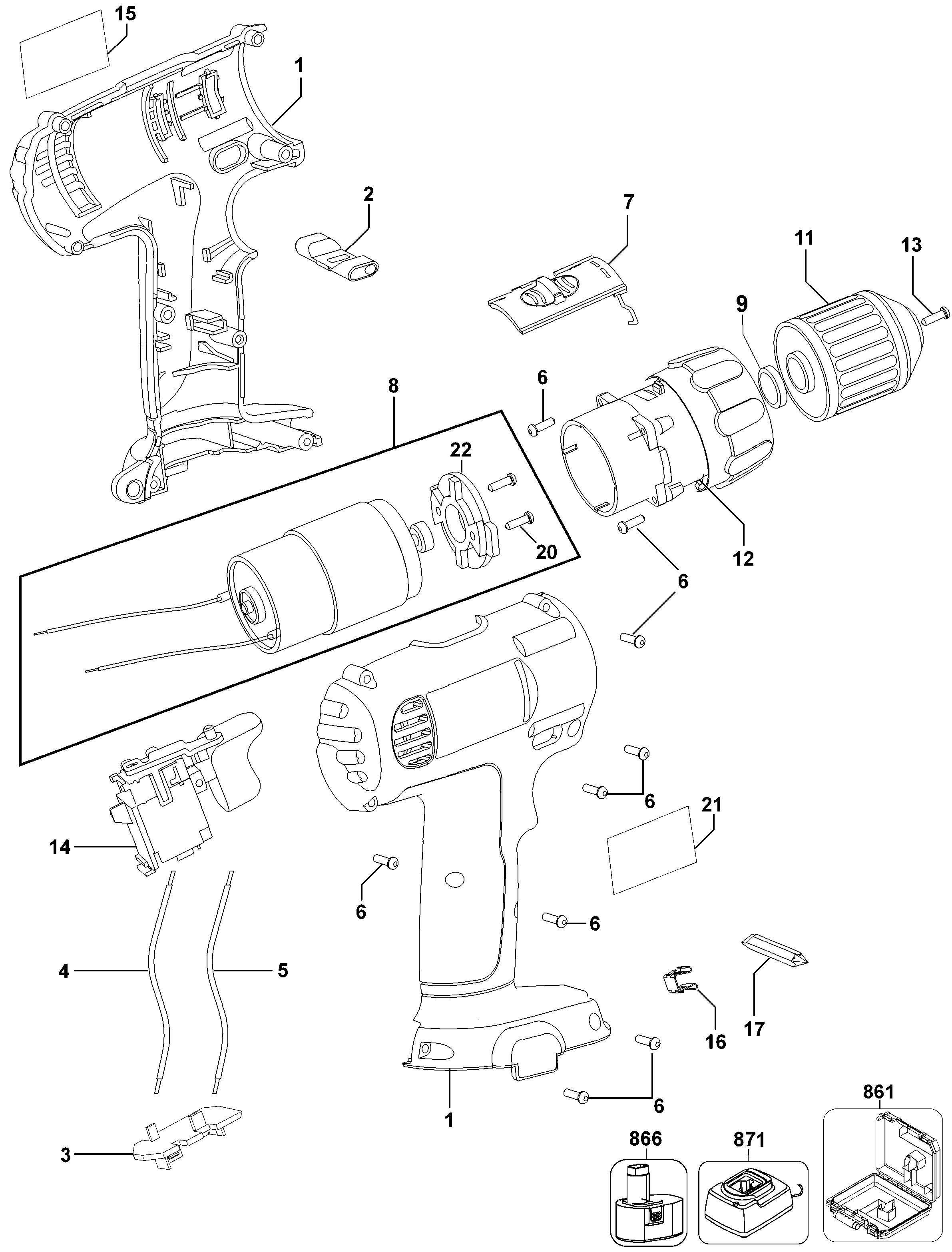 Default Diagram and Parts List for DWC709K2-B2 Type 1 DeWALT Boring Machine