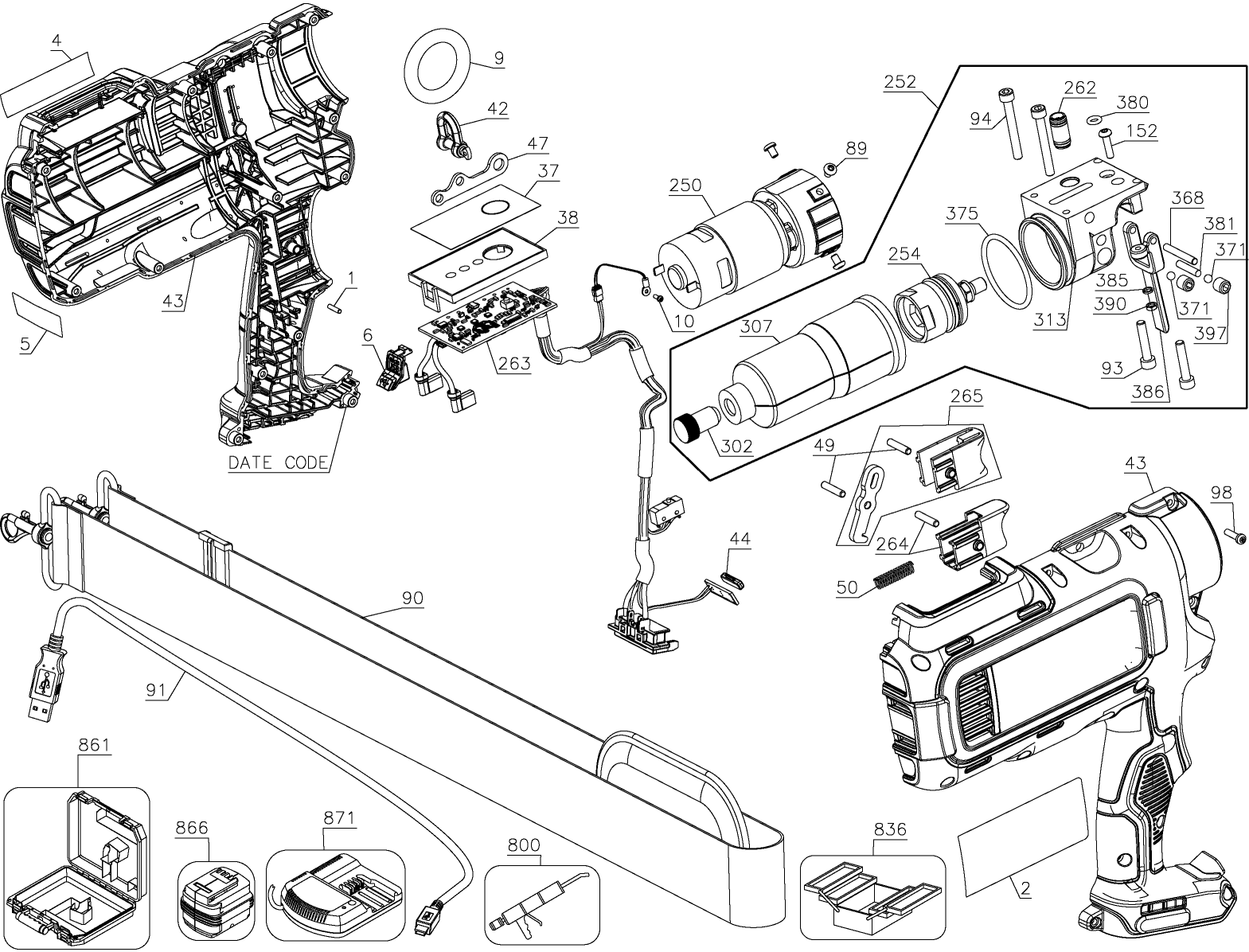 Default Diagram and Parts List for DCE200M2 Type 1 DeWALT Miscellaneous