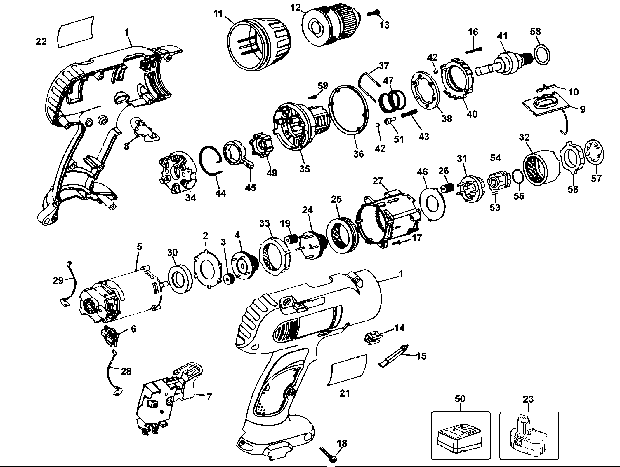 Default Diagram and Parts List for DW996K2B2 Type 1 DeWALT Electric Drill
