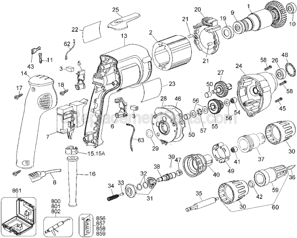 Page A Diagram and Parts List for DW260 Type 1 DeWALT Electric Drill