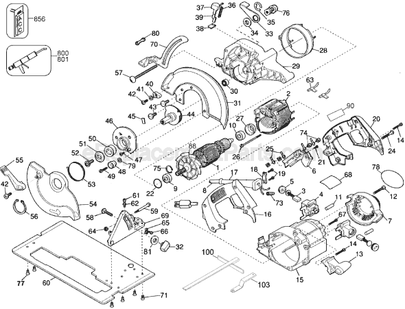 Page A Diagram and Parts List for DW362 Type 1 DeWALT Circular Saw