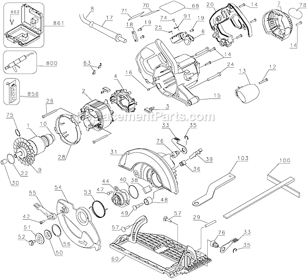 Page A Diagram and Parts List for DW368 Type 4 DeWALT Circular Saw