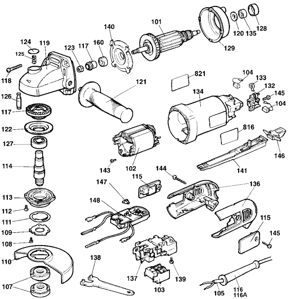Page A Diagram and Parts List for DW406 Type 1 DeWALT Angle Grinder
