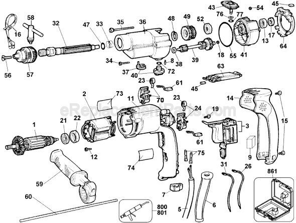 Page A Diagram and Parts List for DW505 Type 1 DeWALT Hammer Drill