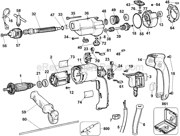 Page A Diagram and Parts List for DW505 Type 3 DeWALT Hammer Drill
