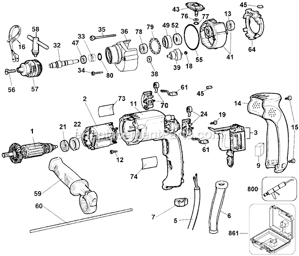 Page A Diagram and Parts List for DW511K Type 1 DeWALT Hammer Drill