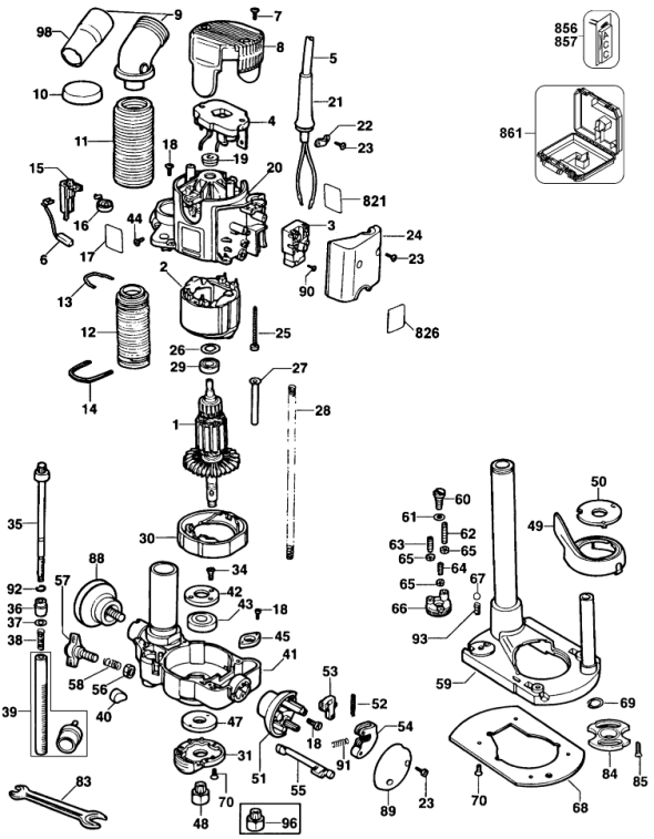 Page A Diagram and Parts List for DW621-220 Type 1 DeWALT Router