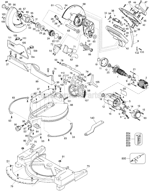 Page A Diagram and Parts List for DW705-220 Type 2 DeWALT Miter Saw