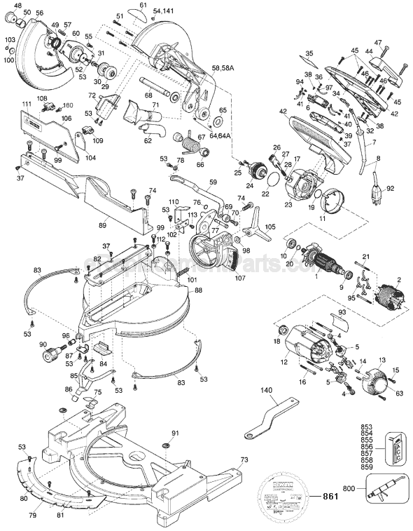 Page A Diagram and Parts List for DW705 Type 1 DeWALT Miter Saw