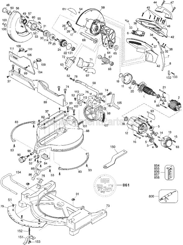 Page A Diagram and Parts List for DW705 Type 6 DeWALT Miter Saw
