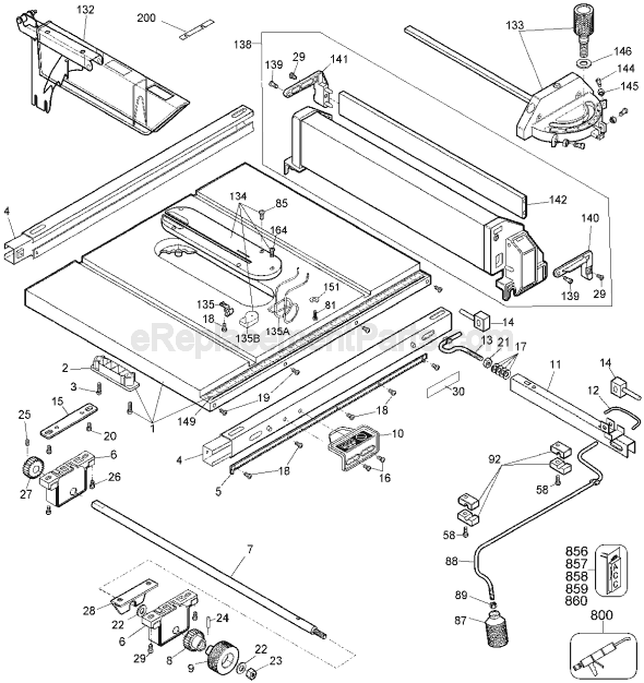 Page A Diagram and Parts List for DW744 Type 1 DeWALT Table Saw