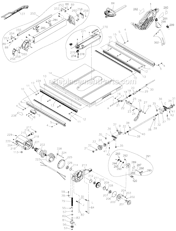 Page B Diagram and Parts List for DW745 Type 2 DeWALT Table Saw