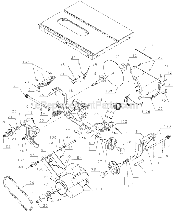 Page B Diagram and Parts List for DW746 Type 1 DeWALT Table Saw