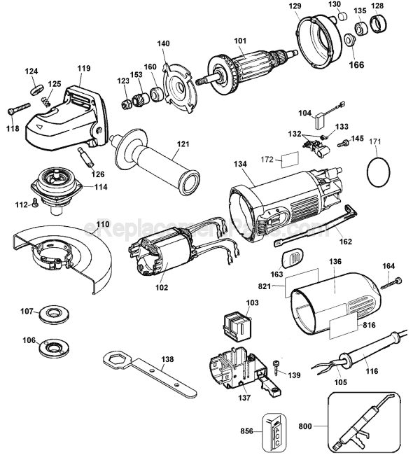 Page A Diagram and Parts List for DW821 Type 5 DeWALT Angle Grinder