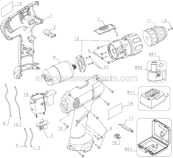 Page A Diagram and Parts List for DW926 Type 1 DeWALT Cordless Drill