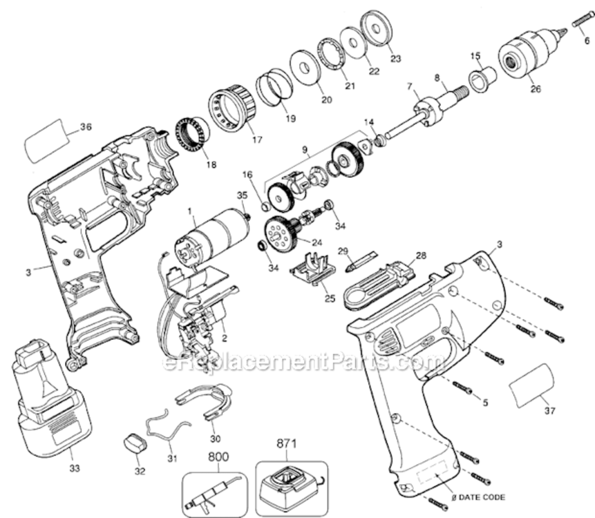 Page A Diagram and Parts List for DW944K Type 1 DeWALT Cordless Drill