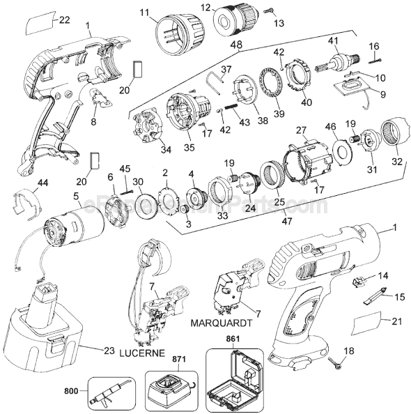 Page A Diagram and Parts List for DW952B Type 1 DeWALT Cordless Drill