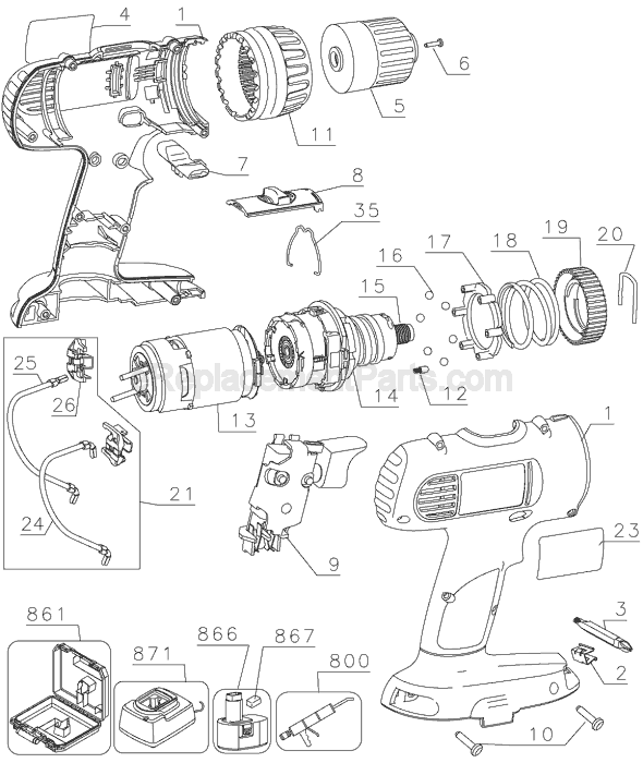 Page A Diagram and Parts List for DW959 Type 1 DeWALT Cordless Drill