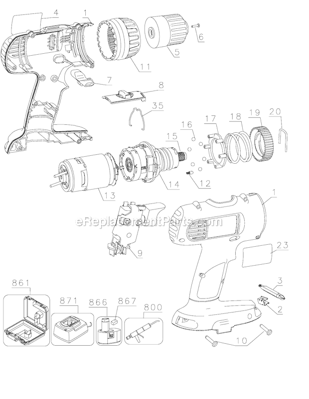 Page A Diagram and Parts List for DW959 Type 2 DeWALT Cordless Drill