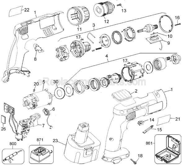 Page A Diagram and Parts List for DW961 Type 1 DeWALT Cordless Drill