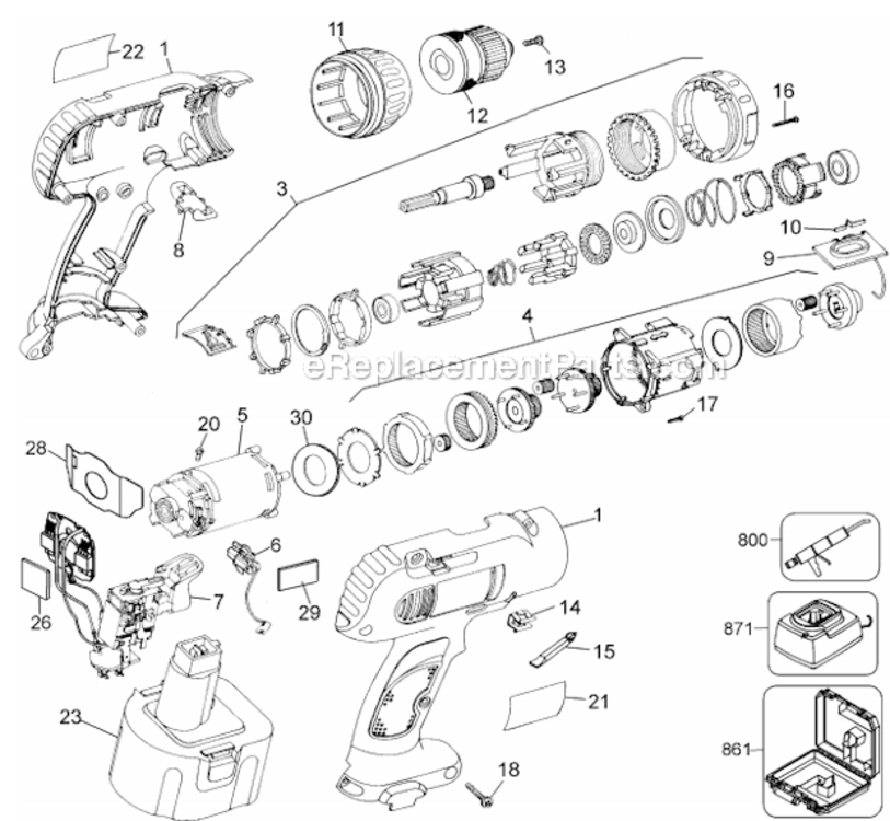 Page A Diagram and Parts List for DW964K Type 1 DeWALT Cordless Drill