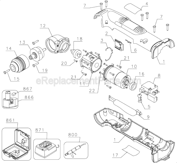 Page A Diagram and Parts List for DW965 Type 1 DeWALT Cordless Drill