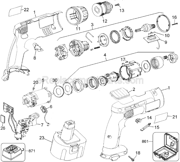 Page A Diagram and Parts List for DW971 Type 1 DeWALT Cordless Drill