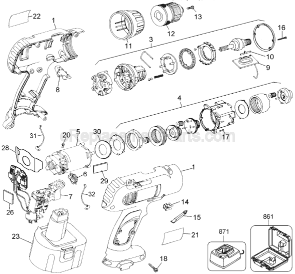 Page A Diagram and Parts List for DW972 Type 1 DeWALT Cordless Drill