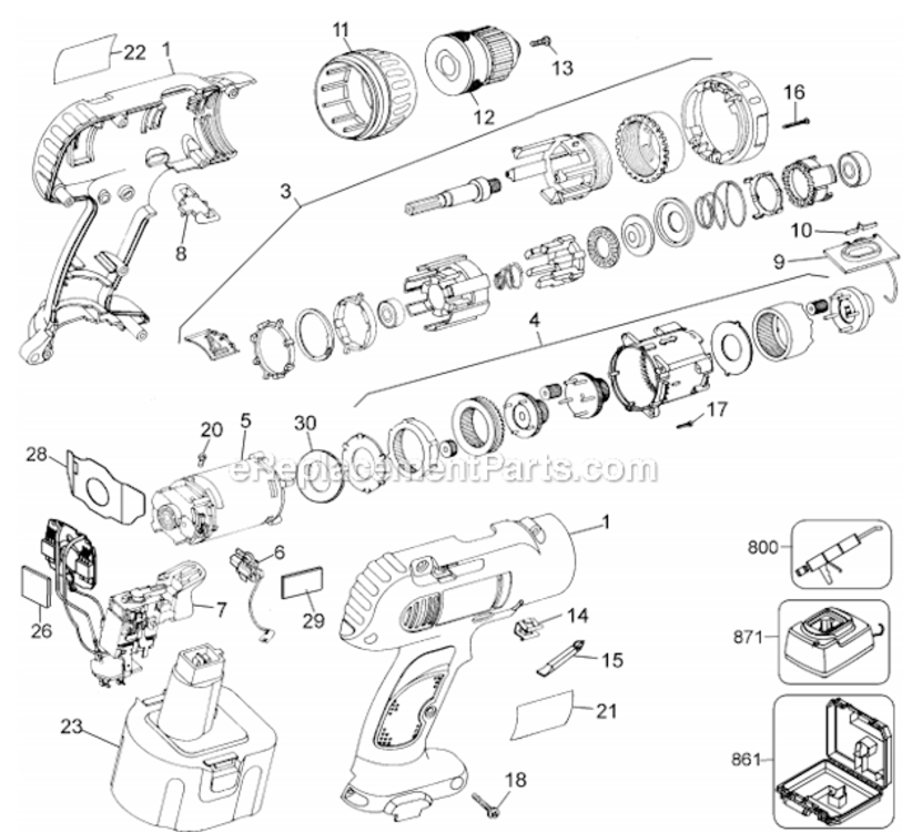 Page A Diagram and Parts List for DW974K Type 1 DeWALT Cordless Drill
