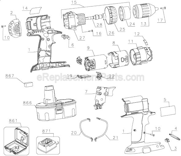 Page A Diagram and Parts List for DW983 Type 1 DeWALT Cordless Drill