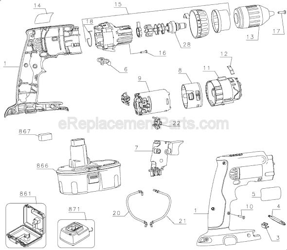 Page A Diagram and Parts List for DW985 Type 1 DeWALT Hammer Drill